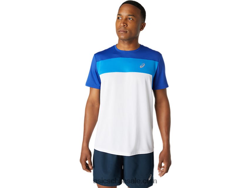 hombres Asics camiseta de carrera de manga corta R8N4461745 blanco brillante/azul mónaco
