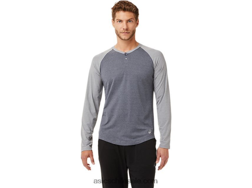 hombres Asics henley de manga larga perforada R8N4462025 gris portador/brezo de yeso