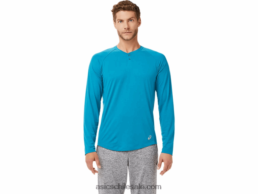 hombres Asics henley de manga larga perforada R8N4462026 brezo azul turquesa