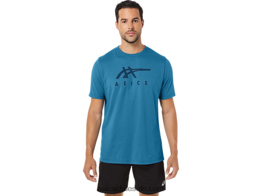 hombres Asics playera de manga corta a rayas R8N446166 isla azul brezo