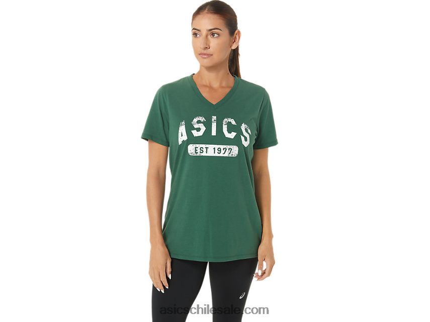 mujer Asics camiseta de manga corta est 1977 con cuello en v R8N4462726 brezo verde cazador