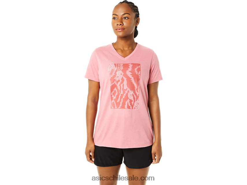 mujer Asics cuello en V estampado de manga corta R8N4463707 brezo rosa ahumado