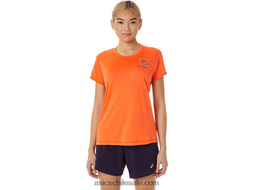 mujer Asics top de manga corta con logo fujitrail R8N4463075 naranja nueva
